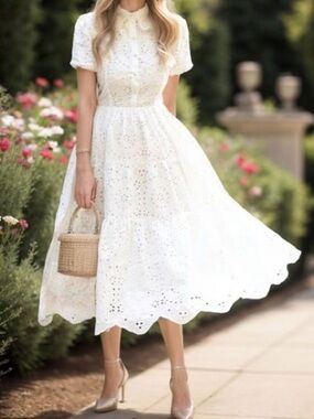 Chic Wish White Crochet Collar Embroidered Eyelet Cotton Midi Dress Sz S